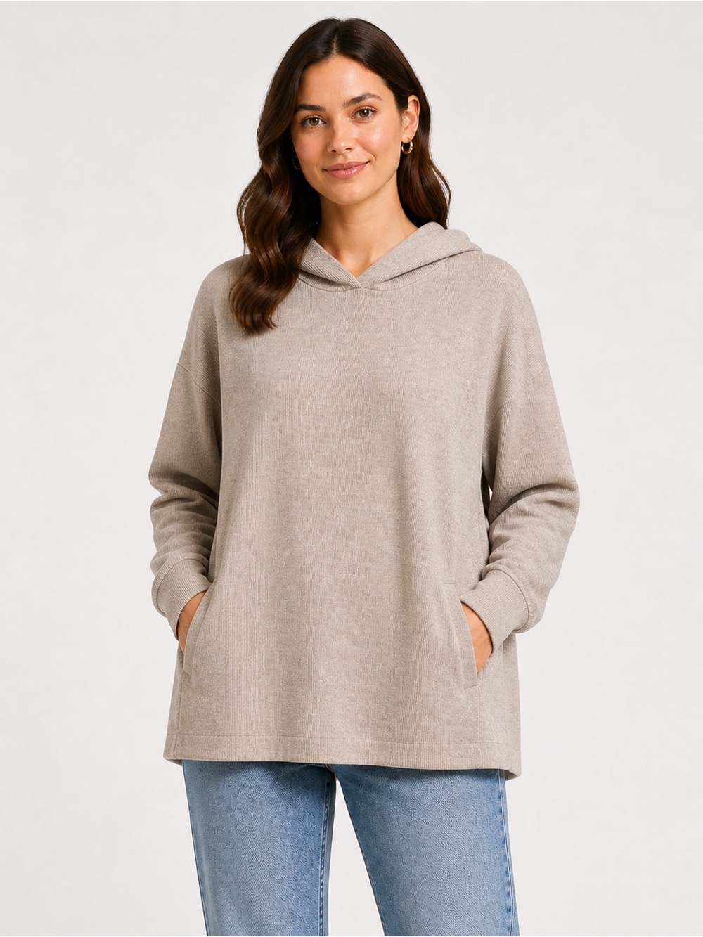 ZARA | Light Beige Ribbed Hoodie with Hidden Pockets